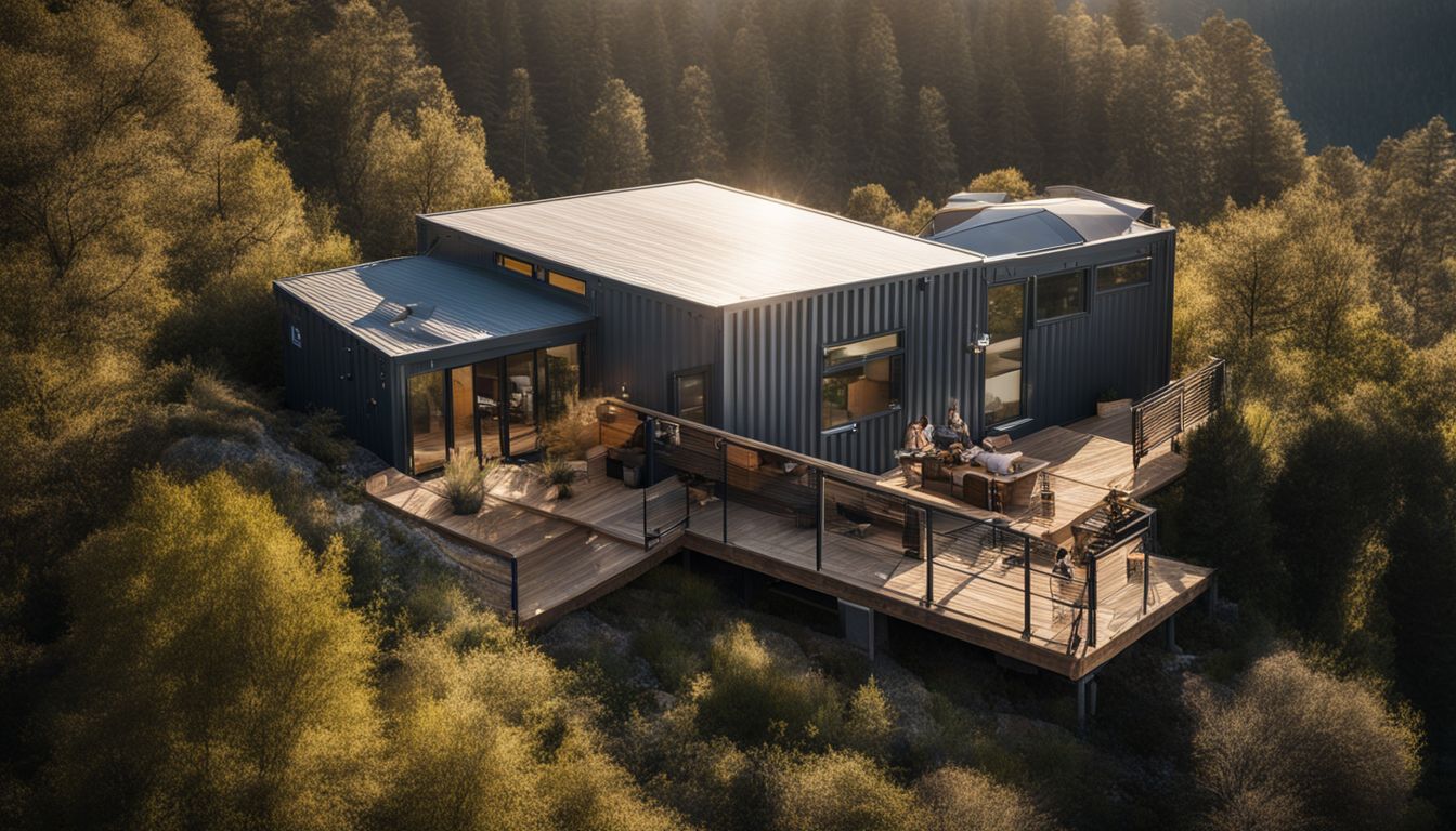 Aerial shot of Pacific Bin container home in scenic natural landscape.